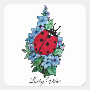 Pegatina Cuadrada Pájaro De Ladybird Acuarela Con Flores Salvajes Az