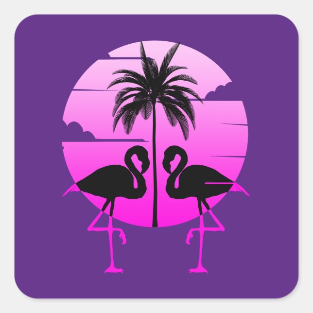 Pegatina Cuadrada Pájaro de Silhouette rosa Flamingos (Anverso)