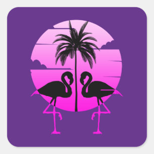 Pegatina Cuadrada Pájaro de Silhouette rosa Flamingos
