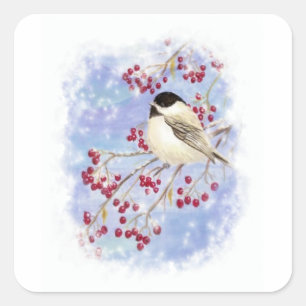 Pegatina Cuadrada Pájaro del invierno a través de la ventana Nevad