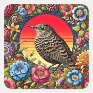 Pegatina Cuadrada Pájaro entre flores coloridas