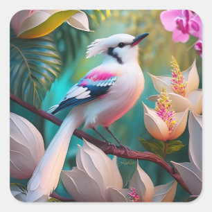 Pegatina Cuadrada Pájaro Fantasía de Cresta Blanca y Pecho Rosado
