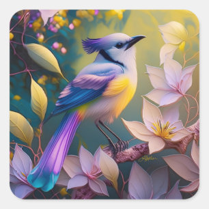 Pegatina Cuadrada Pájaro Fantasía de Pecho Amarillo con Cresta Viole