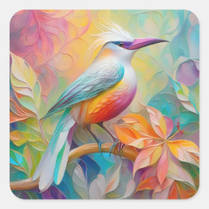 Pegatina Cuadrada Pájaro Fantasía de Pecho Rojo y Pico Rosa