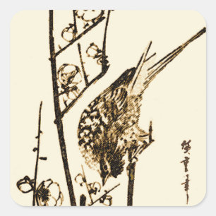 Pegatina Cuadrada Pájaro japonés en una sucursal - marrón y beige
