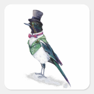 Pegatina Cuadrada Pájaro magpie victoriano