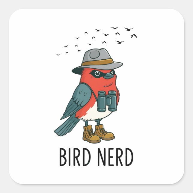 Pegatina Cuadrada Pájaro Nerd Funny Bird Mirando Aves Aves Lover (Anverso)