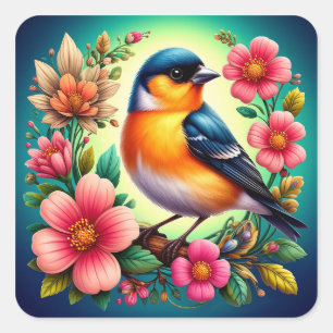 Pegatina Cuadrada Pájaro Posado Entre Flores Coloridas