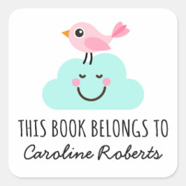 Pegatina Cuadrada Pájaro rosado en la nube feliz adorable de la bibl
