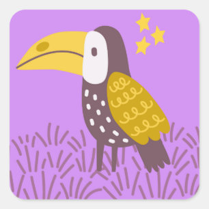 Pegatina Cuadrada Pájaro tóxico con estrellas amarillas en fondo mor