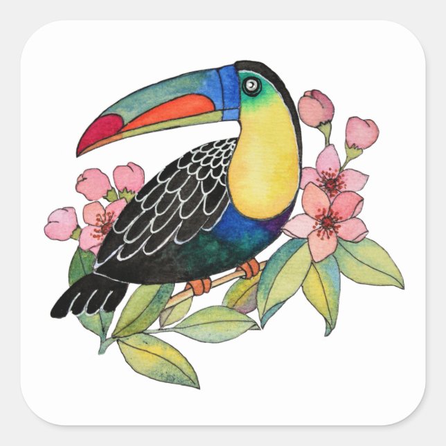 Pegatina Cuadrada Pájaro Turco Acuático Con Flores (Anverso)