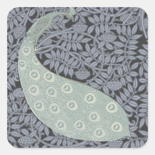 Pegatina Cuadrada Pájaro Vintage clásico de Peacock Art Nouveau (Anverso)