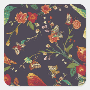 Pegatina Cuadrada Pájaro vintage, mariposa, acuarela de bordado.