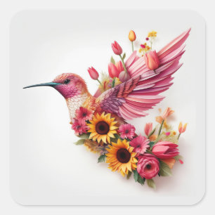 Pegatina Cuadrada Pájaro zumbando con flores