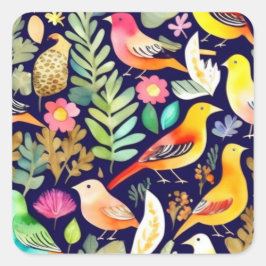 Pegatina Cuadrada Pájaros coloridos con motivos florales de decoraci