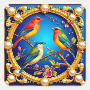 Pegatina Cuadrada Pájaros Coloridos en Marco Dorado Ornamentado
