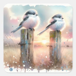 Pegatina Cuadrada Pájaros de acuarela pastel en un poste de cerca al
