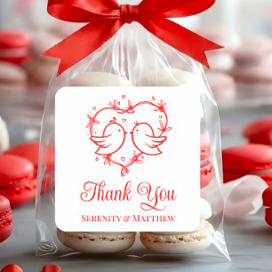 Pegatina Cuadrada Pájaros de Amor Caprichosos Boho Corazón Rojo Grac