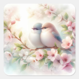 Pegatina Cuadrada Pájaros de Amor de Primavera Flor de Cerezo Floral