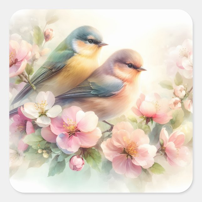 Pegatina Cuadrada Pájaros de amor dulces flores pastel de primavera (Anverso)