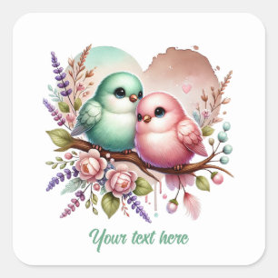 Pegatina Cuadrada Pájaros de amor lindos boda personalizable