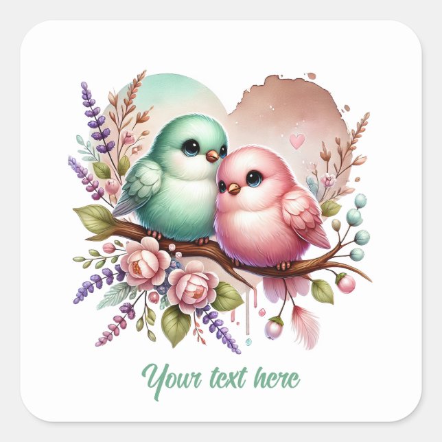 Pegatina Cuadrada Pájaros de amor lindos boda personalizable (Anverso)
