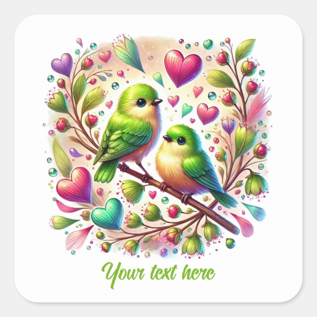 Pegatina Cuadrada Pájaros de amor lindos boda personalizable (Anverso)