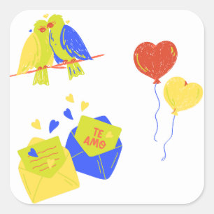 Pegatina Cuadrada pájaros de amor lindos y cartas románticas
