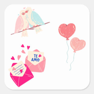 Pegatina Cuadrada pájaros de amor lindos y cartas románticas