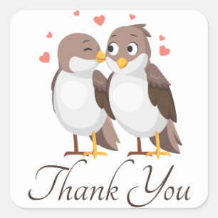Pegatina Cuadrada Pájaros de Amor Marrones y Blancos de Boda Gracias