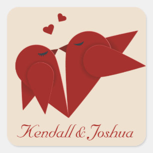 Pegatina Cuadrada Pájaros de Amor Rojo Boda Amor Rosa Personalizado