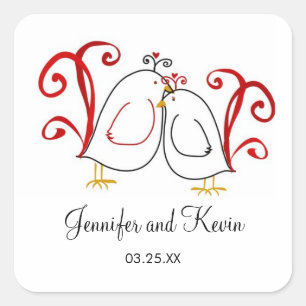 Pegatina Cuadrada Pájaros de Amor Rojos y Negros, Stickers