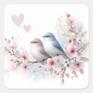 Pegatina Cuadrada Pájaros de Amor Romántico Rama de Flor de Cerezo