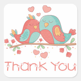 Pegatina Cuadrada Pájaros de amor rosados Gracias Bodas azul turques