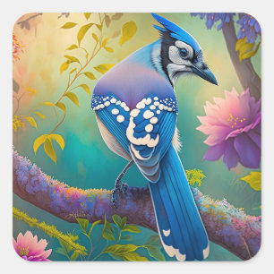Pegatina Cuadrada Pájaros de fantasía Arrendajo azul