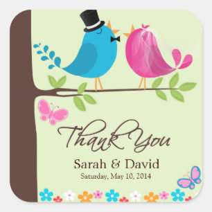 Pegatina Cuadrada Pájaros de pareja en rama de cerezo   Tarjetas de 