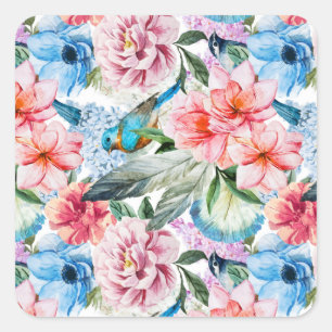 Pegatina Cuadrada Pájaros de patrón floral Flores de oliva Azul verd