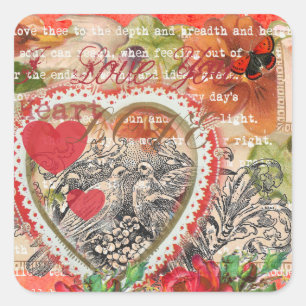 Pegatina Cuadrada Pájaros del Corazón Arte Collage Rojo Amor