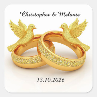 Pegatina Cuadrada Pájaros Dorados Abrazándose en una Elegante Exhibi