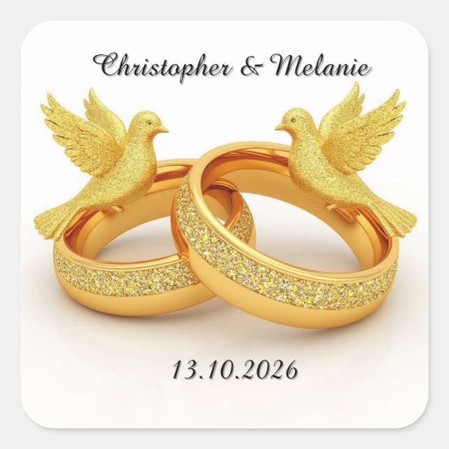 Pegatina Cuadrada Pájaros Dorados Abrazándose en una Elegante Exhibi (Anverso)