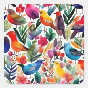 Pegatina Cuadrada Pájaros florales y coloridos