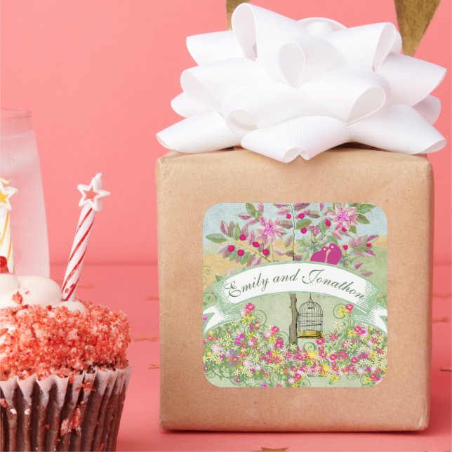 Pegatina Cuadrada Pájaros que se sientan en un precinto Boda de árbo (Fiesta)