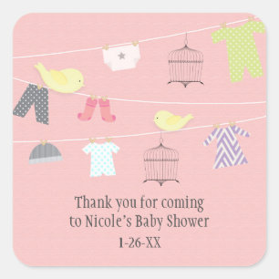Pegatina Cuadrada Pájaros y ropa en Pegatinas de Baby Shower preferi