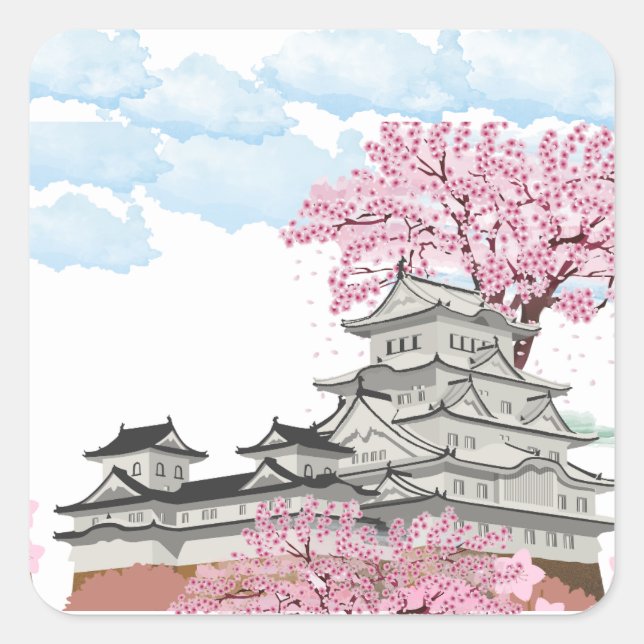 Pegatina Cuadrada "Palacio chino con árboles sakura - Oriente elegan (Anverso)