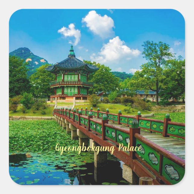Pegatina Cuadrada Palacio Gyeongbokgung, etiquetado. (Anverso)