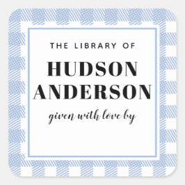 Pegatina Cuadrada Pale Blue Gingham Plaid Baby Boy Book Plate