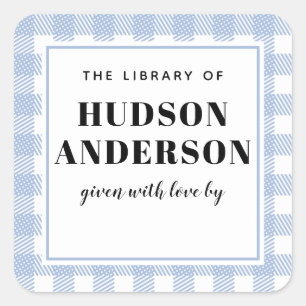 Pegatina Cuadrada Pale Blue Gingham Plaid Baby Boy Book Plate