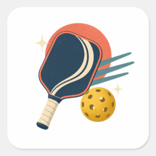 Pegatina Cuadrada Paleta de Pickleball Retro y Bola Dorada