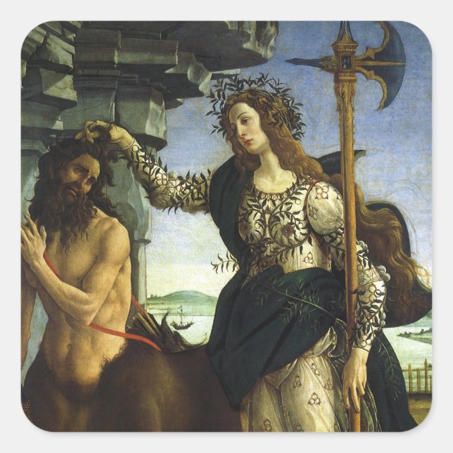 Pegatina Cuadrada Pallas y el Centauro de Sandro Botticelli (Anverso)