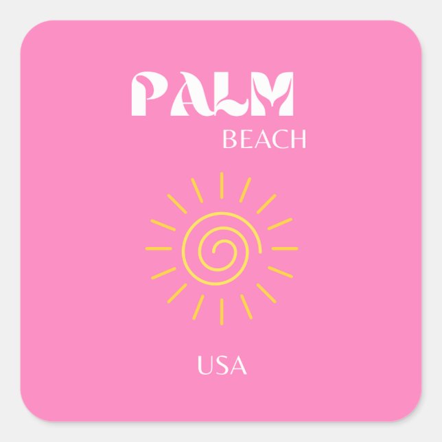 Pegatina Cuadrada Palm Beach, arte de viajes, preppy, rosa (Anverso)